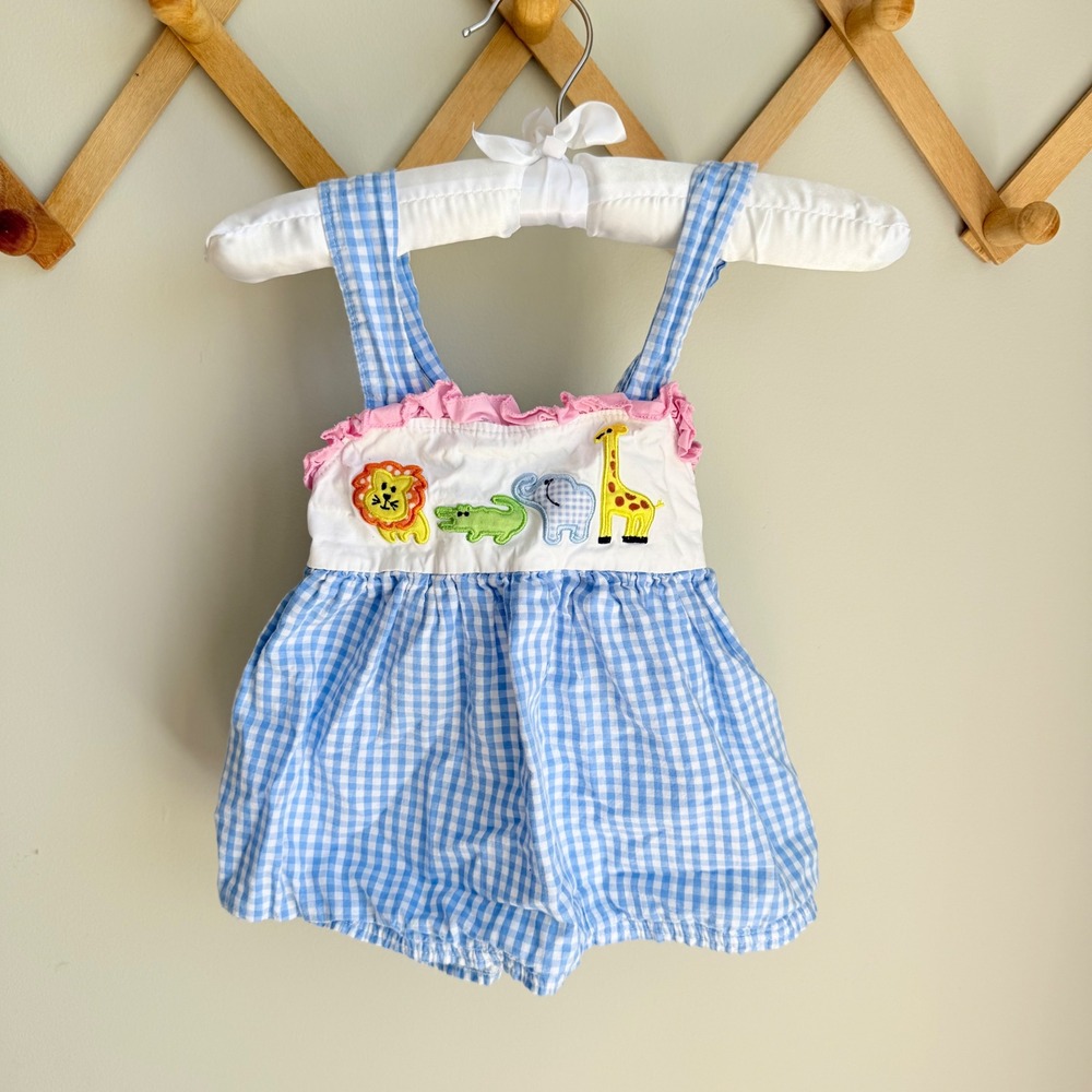 Blue Gingham Zoo Animal Smocked Bubble Romper Sunsuit 2T Lion Elephant Giraffe